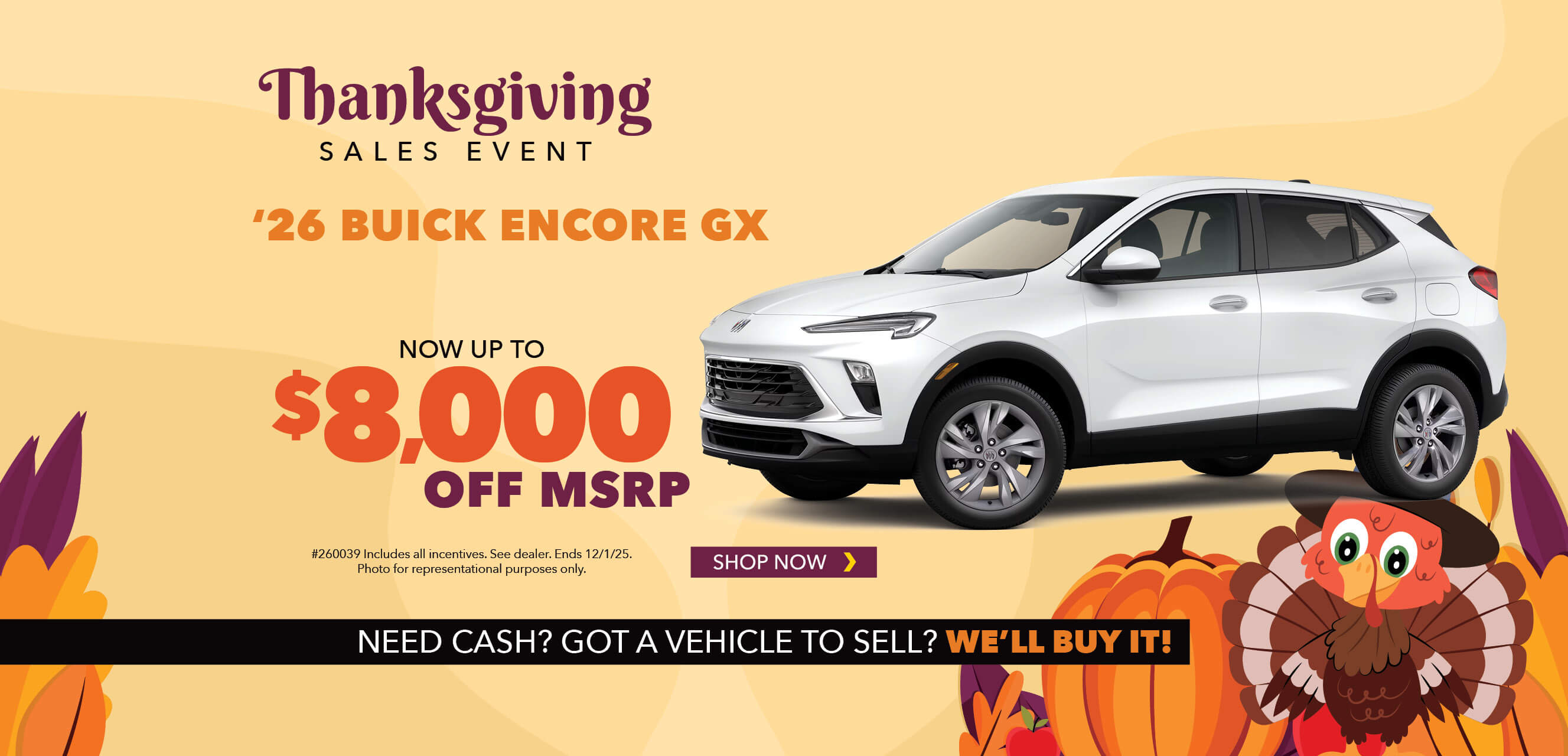 White SUV with advertising slogans:  Now up to $8,000 off MSRP on 2026 Buick Encore GX.